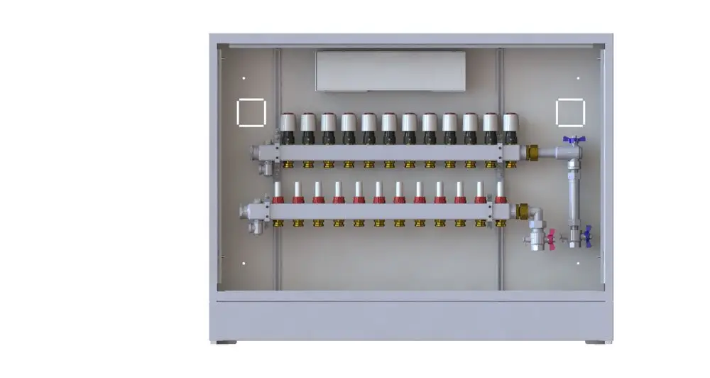Danfoss Heizkreisverteilermontage mit mehreren Ventilen und Anschlüssen für die Verteilung von Heizwasser, montiert in einem grauen Gehäuse.